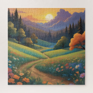 Whimsical Sunset Hills Kleurrijk landschap Legpuzzel