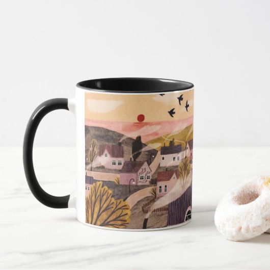 Whimsical Sunset Village Mug Mok (Met donut)