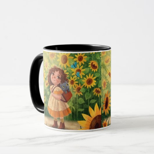 Whimsical Sunshine Girl with Cat – Kind Ones Coffe Mok (Voorkant links)