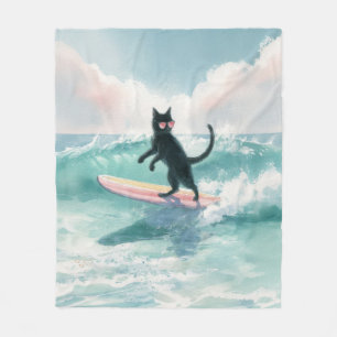 Whimsical Surfen Zwarte Cat Stranddeken Fleece Deken