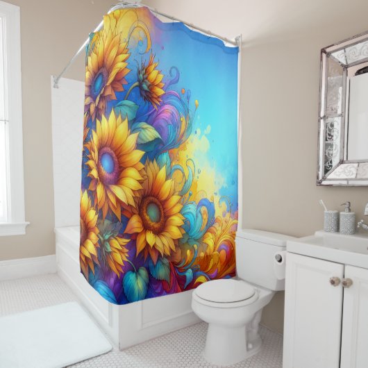 Whimsical Surrealistische Zonnebloemen Douchegordijn (In situ)