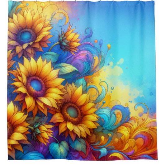Whimsical Surrealistische Zonnebloemen Douchegordijn (Voorkant)