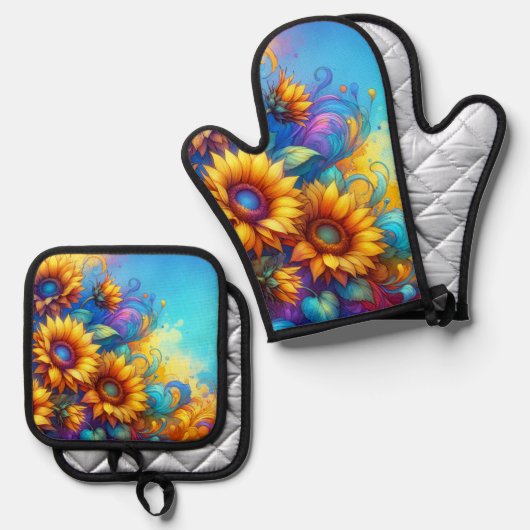 Whimsical Surrealistische Zonnebloemen Ovenwant & Pannenlap Set (Voorkant / Achterkant)