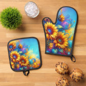 Whimsical Surrealistische Zonnebloemen Ovenwant & Pannenlap Set (Top down)