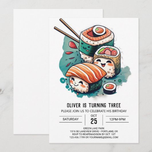 Whimsical Sushi Verjaardag Kaart (Voorkant / Achterkant)