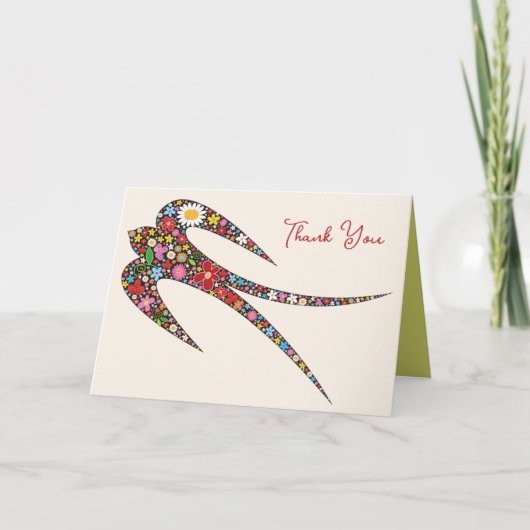 Whimsical Swallow Bird Colorful Spring Flowers Bedankkaart (Voorkant)