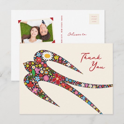 Whimsical Swallow Bird Colorful Spring Flowers Briefkaart (Voorkant / Achterkant)