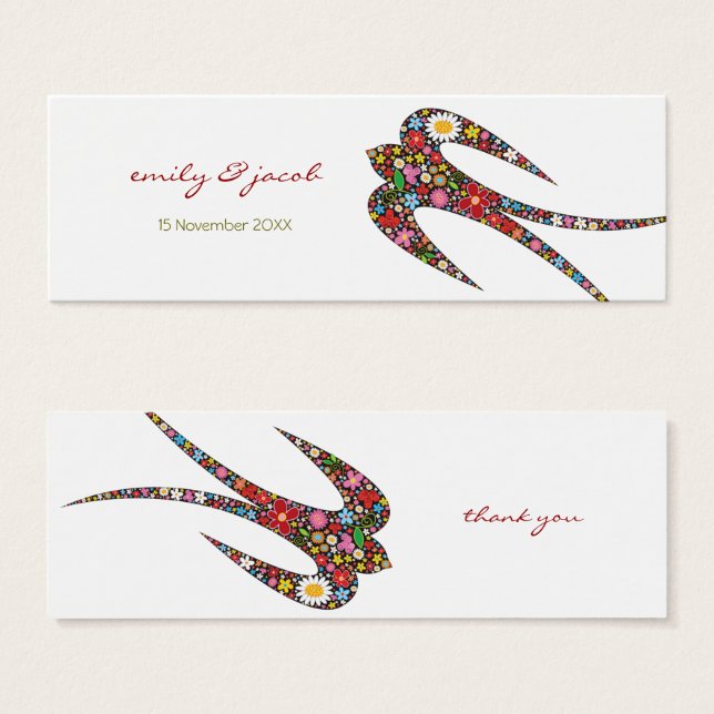 Whimsical Swallow Spring Flowers Wedding for Label Mini Visitekaartjes (Voorkant /achterkant)