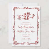 Whimsical Swans Doodle Love Birds Red Wedding Save The Date (Voorkant)