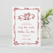 Whimsical Swans Doodle Love Birds Red Wedding Save The Date (Staand voorkant)