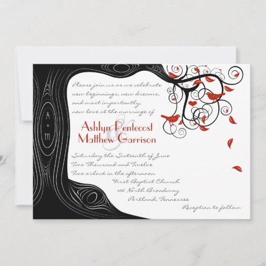 Whimsical Swirl Black & Red Birds in een boom Kaart (Voorkant)
