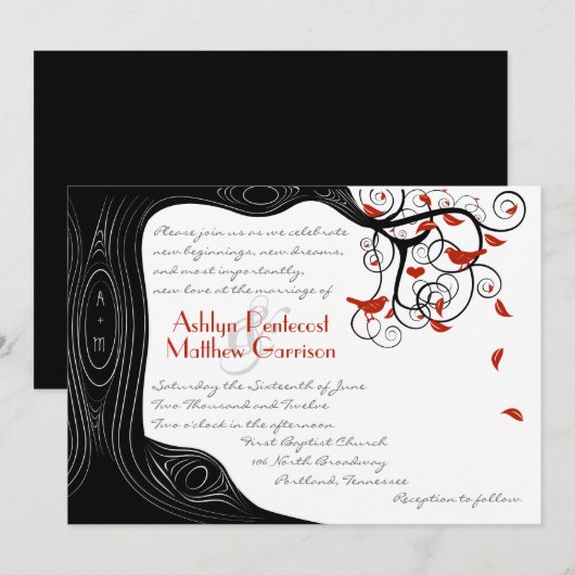 Whimsical Swirl Black & Red Birds in een boom Kaart (Voorkant / Achterkant)