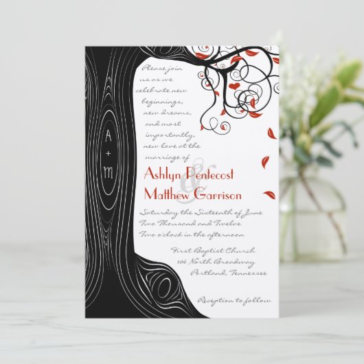 Whimsical Swirl Black & Red Birds in een boom Kaart (Staand voorkant)