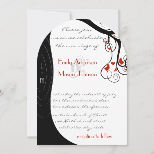 Whimsical Swirl Black & Red Birds in een boom Kaart (Voorkant)