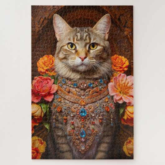 Whimsical Tabby met mooie sieraden en bloemen Legpuzzel (Verticaal)