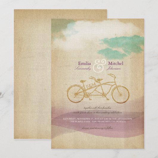 Whimsical Tandem Bicycle Waterverf Custom Wedding Kaart (Voorkant / Achterkant)