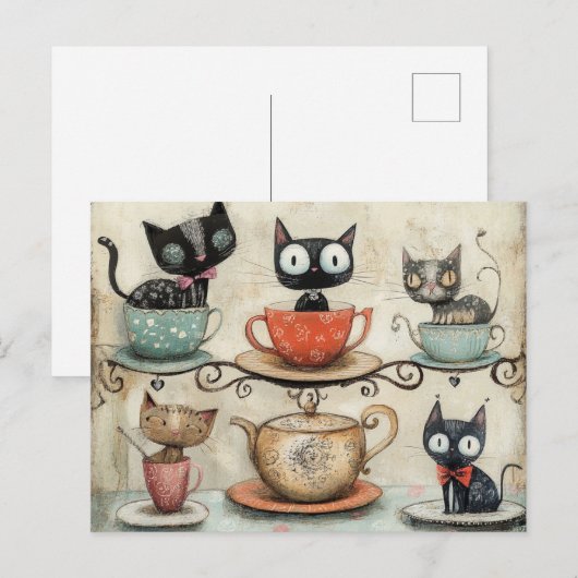 Whimsical Tea Cup Katten Briefkaart (Voorkant / Achterkant)