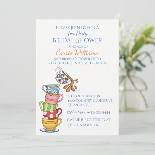 Whimsical Tea Cups Bridal Shower Invitation Kaart (Staand voorkant)