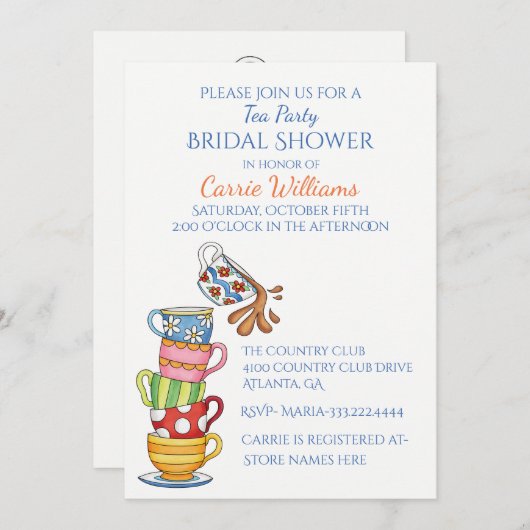 Whimsical Tea Cups Bridal Shower Invitation Kaart (Voorkant / Achterkant)