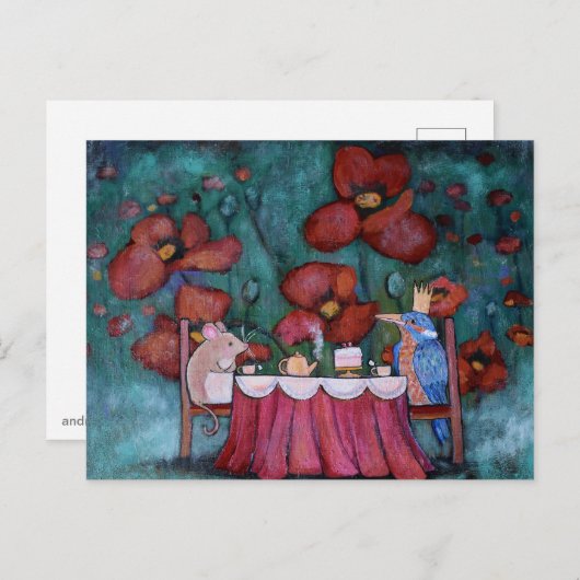 Whimsical Tea Party Muis en Vogel Briefkaart (Voorkant / Achterkant)