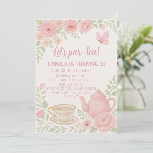 Whimsical Tea Party verjaardagsuitnodiging voor ki Kaart (Staand voorkant)