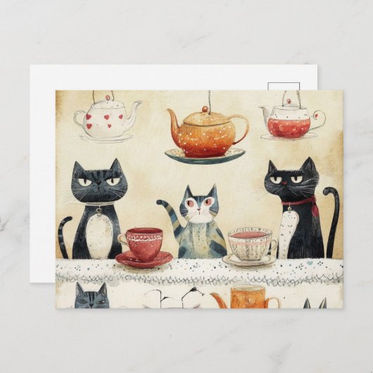 Whimsical Tea Pot Katten Briefkaart (Voorkant / Achterkant)