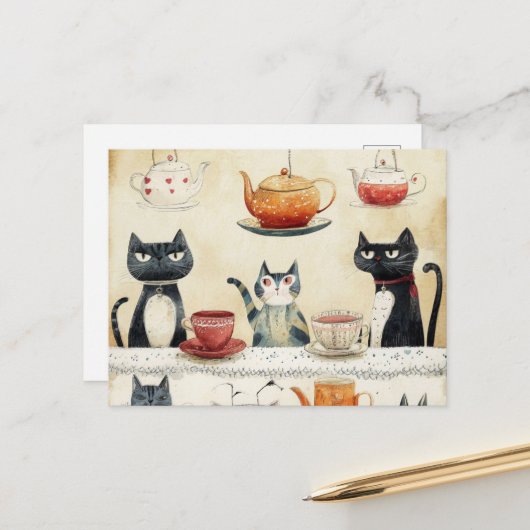 Whimsical Tea Pot Katten Briefkaart (Voorkant / Achterkant in situ)