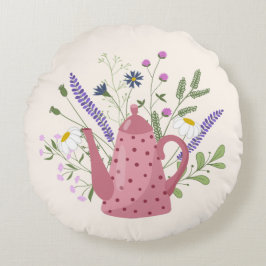 Whimsical Tea Time Doodle Throw Pillow Rond Kussen