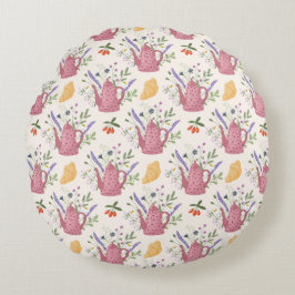 Whimsical Tea Time Doodle Throw Pillow Rond Kussen