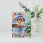 Whimsical Tea Time Mouse Blue Bonnet Waterverf Briefkaart (Staand voorkant)