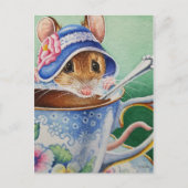 Whimsical Tea Time Mouse Blue Bonnet Waterverf Briefkaart (Voorkant)