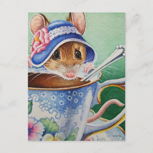 Whimsical Tea Time Mouse Blue Bonnet Waterverf Briefkaart (Voorkant)