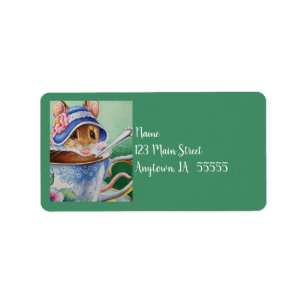 Whimsical Tea Time Mouse Blue Bonnet Waterverf Etiket