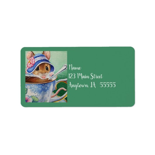 Whimsical Tea Time Mouse Blue Bonnet Waterverf Etiket (Voorkant)