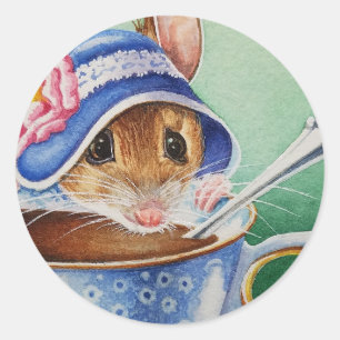 Whimsical Tea Time Mouse Blue Bonnet Waterverf Ronde Sticker