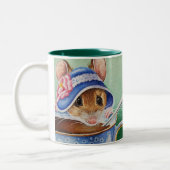 Whimsical Tea Time Mouse Blue Bonnet Waterverf Tweekleurige Koffiemok (Links)