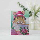 Whimsical Tea Time Mouse Pink Bonnet Waterverf Briefkaart (Staand voorkant)
