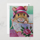 Whimsical Tea Time Mouse Pink Bonnet Waterverf Briefkaart (Voorkant / Achterkant)
