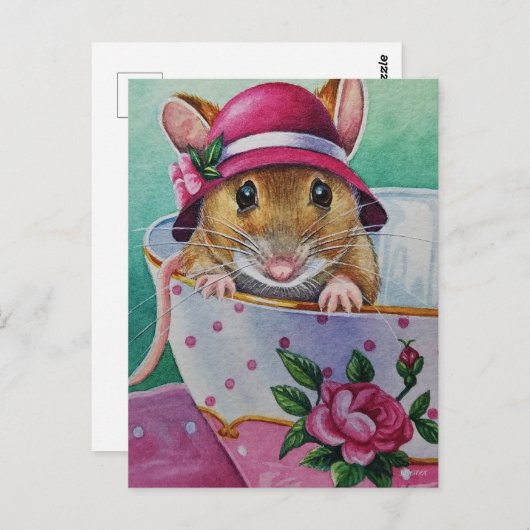 Whimsical Tea Time Mouse Pink Bonnet Waterverf Briefkaart (Voorkant / Achterkant)