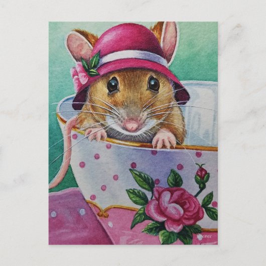 Whimsical Tea Time Mouse Pink Bonnet Waterverf Briefkaart (Voorkant)