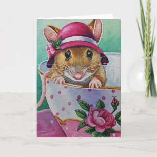 Whimsical Tea Time Mouse Pink Bonnet Waterverf Kaart