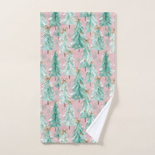 Whimsical Teal Christmas Trees on Pink  Bad Handdoek (Handdoek)