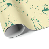 Whimsical Teal Doodle Foxes on Butter Yellow Cadeaupapier (Rol Hoek)