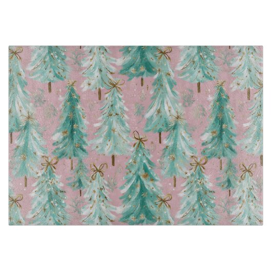 Whimsical Teal Kerstbomen op Roze Snijplank (Voorkant)