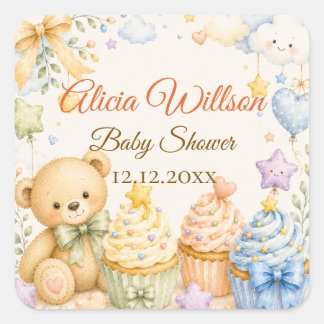 Whimsical Teddy Bear Baby Shower Vierkante Sticker