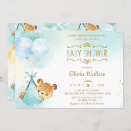 Whimsical Teddy Bear Balloons Baby shower Boy Kaart