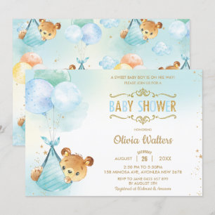 Whimsical Teddy Bear Balloons Baby shower Boy Kaart