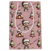 Whimsical Teddy Bear Christmas Pink Background Medium Cadeauzakje (Voorkant)