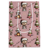 Whimsical Teddy Bear Christmas Pink Background Medium Cadeauzakje (Achterkant)