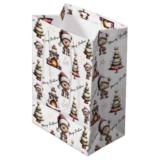 Whimsical Teddy Bear Christmas White Background Medium Cadeauzakje (Voorkant Gekanteld)
